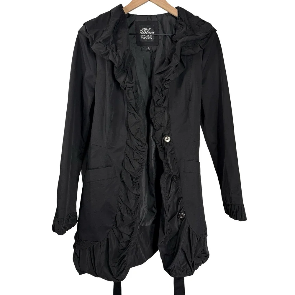 Blanc Noir Womens Black Ruffle Trim Trench‎ Coat Jacket SAM384 Medium